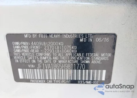 2017 Subaru Wrx from USA, damaged, VIN JF1VA1B65H9811770